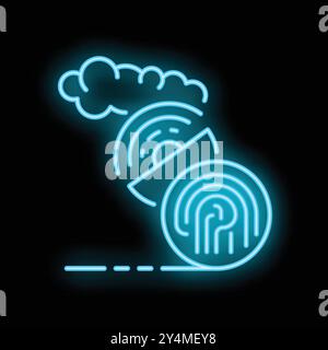 Blue neon icon representing cloud computing and data protection with a fingerprint, symbolizing cybersecurity and privacy in the digital age Stock Vector