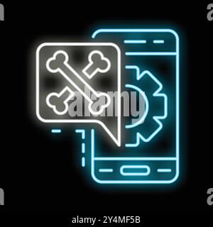 Neon icon of a smartphone showing bones symbol and gear representing mobile game development Stock Vector