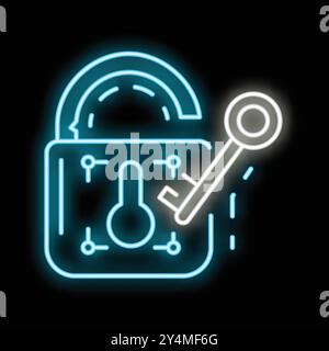 Glowing neon icon of a padlock being unlocked with a key, symbolizing cybersecurity and data protection Stock Vector