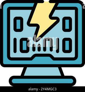 Binary code is showing on a monitor display that is getting struck by a lightning bolt, in this illustration about a power surge Stock Vector