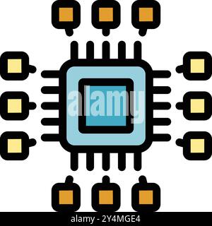 Microchip with multiple circuit paths is receiving and transmitting data, symbolizing technological advancement and processing power Stock Vector