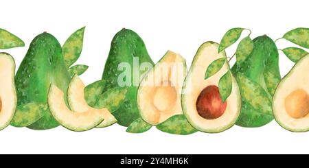 Seamless border with avocado both whole and sliced fruits with leaves. Watercolor and marker illustration. Hand drawn isolated background. Vegetable Stock Photo