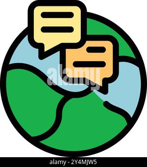 Simple colorful icon of a green and blue planet earth with two speech bubbles exchanging messages, representing global communication Stock Vector