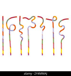 Vector Colorful Striped Drinking Straws Seamless set Isolated on White Background. Stock Vector