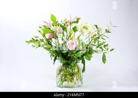 Bouquet of delicate flowers with white and soft pink blossoms in a glass vase against a light gray background, copy space, selected focus, narrow dept Stock Photo