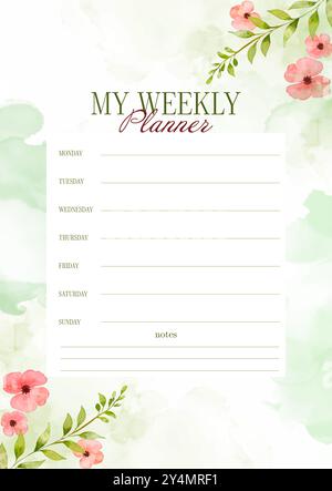 Decorative hand painted floral watercolour weekly planner Stock Vector