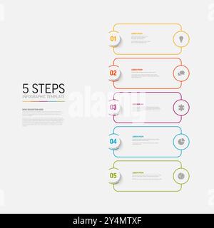 Vector light Infographic template with white rounded cards colorful border and big numbers in circle elements, icons and descriptions. Simple minimali Stock Vector