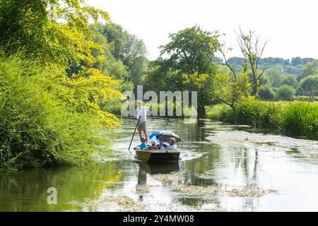 People punting on the River Avon in Queen Elizabeth Gardens, Salisbury , Wiltshire, England Stock Photo