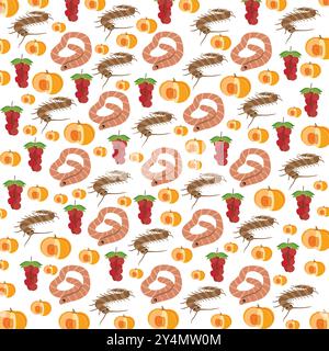 worms, centipedes with rambutan and pumpkin as a pattern background Stock Vector