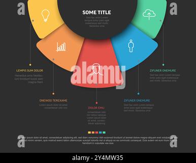 Vector multipurpose Infographic template with five rounded elements on the top, description and icons on fan colored shapes with dark center and backg Stock Vector