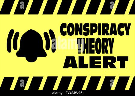 Image of a yellow and black about Conspiracy Theory warning web banner with a bell. Stock Photo