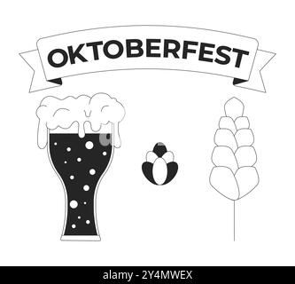 Oktoberfest beer ingredients black and white 2D line objects set Stock Vector