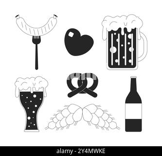 Fresh beer with snacks and ingredients black and white 2D line objects set Stock Vector