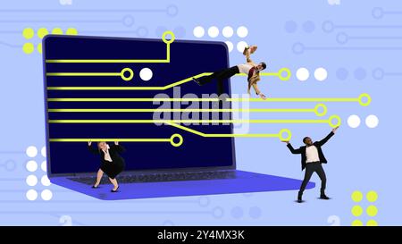 Contemporary art collage. Employees suspended in technology's web, integrating their work with digital advancements in futuristic industrial landscape Stock Photo