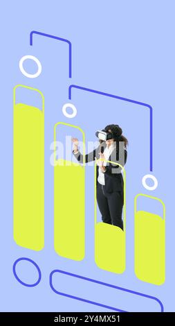 Contemporary art collage. Employee uses VR headset, navigating digital data streams, visualizing connection between industry and virtual devices Stock Photo