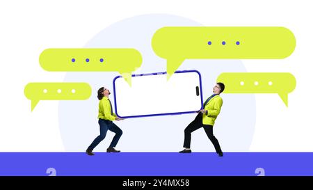 Contemporary art collage. Colleagues hold large smartphone, representing heavy reliance on communication tools in today's device-driven industries. Stock Photo