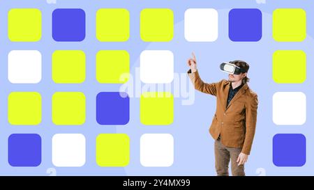 Contemporary art collage. Man in VR headset interacts with colorful digital icons, symbolizing integration of technology and human interaction in Stock Photo