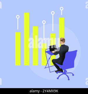Contemporary art collage. Professional at his desk, surrounded by growing data, illustrates rising influence of digital information in industry. Stock Photo