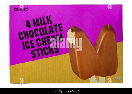 box of Iceland 4 Milk Chocolate Ice Cream Sticks ice creams isolated on white background - Vanilla flavour ice cream lollies coated in milk chocolate Stock Photo