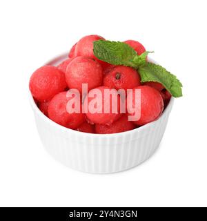 Tasty watermelon balls and mint in bowl isolated on white Stock Photo