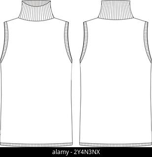 turtleneck high neck sleeveless ribbed blouse sweater template technical drawing flat sketch cad mockup fashion woman  Stock Vector