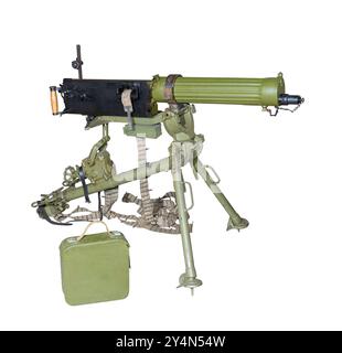 Maxim's machine gun on a tripod sighting-is isolated on the white Stock Photo