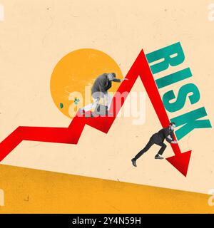 Two businessmen struggle to keep balance on downward market chart, highlighting risk of financial loss, market instability. Contemporary art collage. Stock Photo