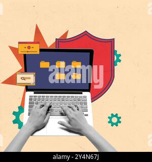 Hands typing on laptop with folders and security shield icon. Focus on data protection, and file management. Contemporary art collage. Stock Photo