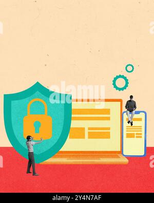 Man interacting with large digital shield, representing cybersecurity and data protection on laptops and mobile devices, while employee working online Stock Photo