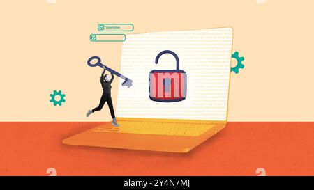 Woman with giant key running to oversized lock on laptop screen, representing unlocking cybersecurity protection. Contemporary art collage. Stock Photo