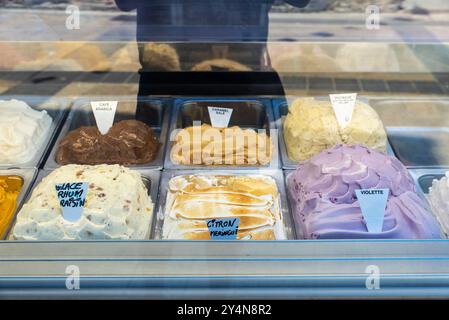 Display of assorted ice creams in a ice cream shop in old town of Collioure or Cotlliure, France Stock Photo