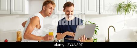 A cheerful gay couple using laptop in modern kitchen Stock Photo