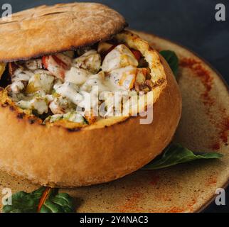 Pork medallions with mushroom sauce in bread pot Stock Photo