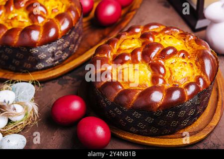 easter bread and eggs on wood Stock Photo