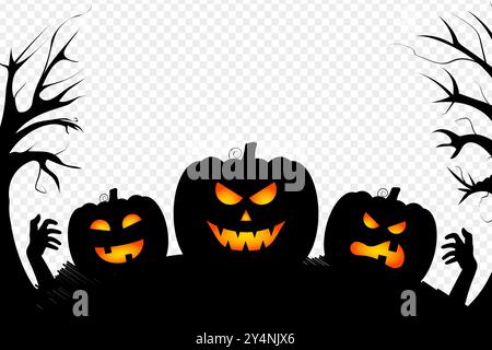 Vector illustration of Halloween pumpkins and trees border on transparent background Stock Vector