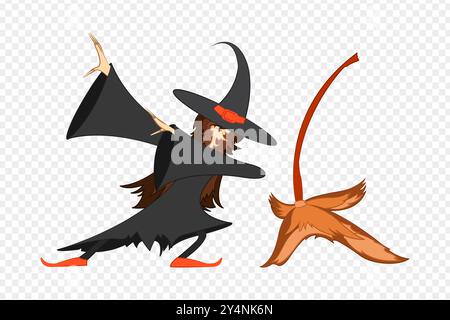 Vector illustration of witch with broom on transparent background Stock Vector