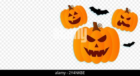 Vector illustration of Halloween pumpkins with bats on transparent background Stock Vector