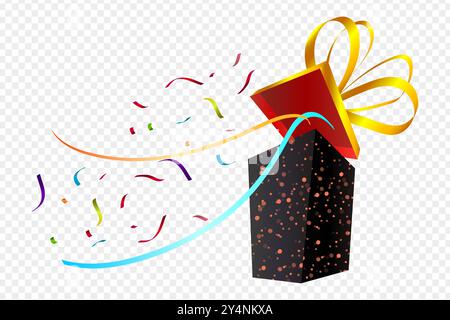 Vector illustration of black gift box with colorful confetti on transparent background Stock Vector