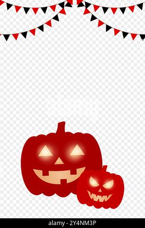 Vector illustration of Halloween pumpkins with party triangles frame on transparent background Stock Vector