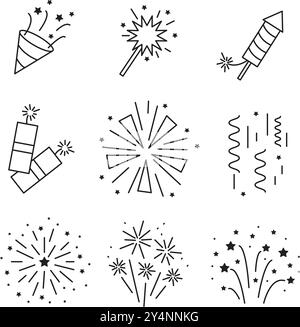 Fireworks, firecrackers thin line icons set Stock Vector
