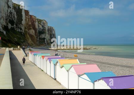 Colourful beach huts along the coast at Le Tréport, Normandy, France Stock Photo