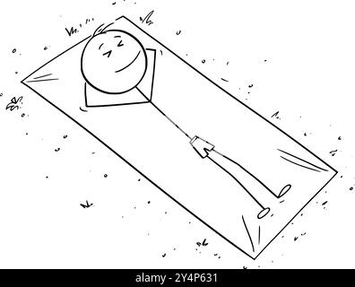 Person lying and sunbathing on blanket , vector cartoon stick figure or character illustration. Stock Vector