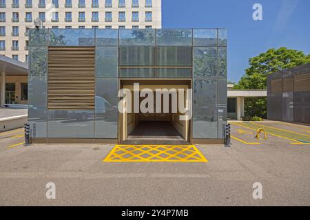 Open Door at Elevator Lift for Cars Access to Underground Parking Garage Stock Photo