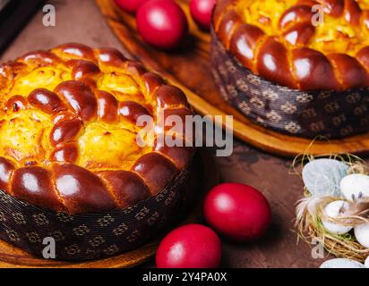 easter bread and eggs on wood Stock Photo