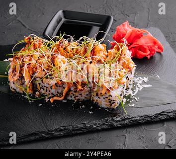 Beautiful spicy special volcano sushi roll Stock Photo