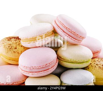 Multicolored macaroons on ceramic plate isolated on white Stock Photo