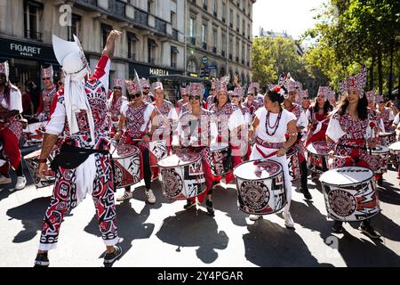 Paris, France. 15th Sep, 2024. Drumming participant group performs during the festival. The Lavage de la Madeleine festival was held for the 23rd consecutive year in Paris. This is one of the biggest and most important events of Brazilian culture in Europe and reproduces the ''˜Lavagem do Bonfim', a centuries-old traditional festival of Afro-Brazilian culture that takes place in Salvador de Bahia, Brazil. (Credit Image: © Telmo Pinto/SOPA Images via ZUMA Press Wire) EDITORIAL USAGE ONLY! Not for Commercial USAGE! Stock Photo