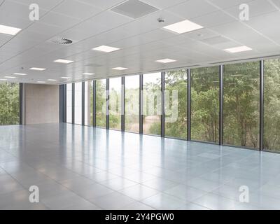 Unfurnished floor plate with window wall. 400 Long Water, Reading, United Kingdom. Architect: Apt London, 2022. Stock Photo