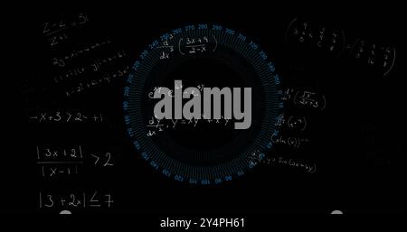 Image of mathematical equations over blue circular scanner on black background Stock Photo