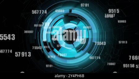 Image of data processing over blue circular scanner on black background Stock Photo
